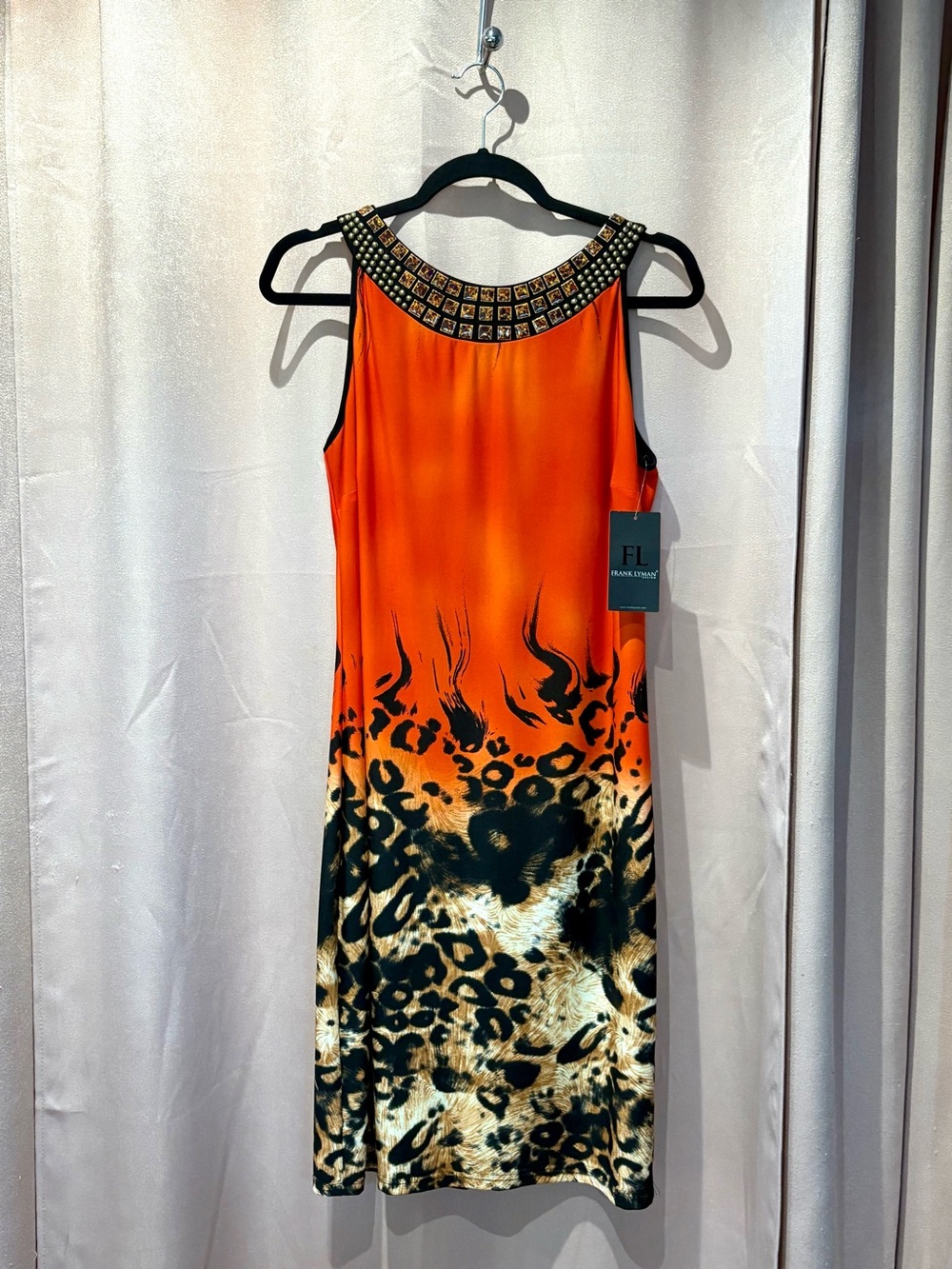 Frank Lyman Design Orange Animal-Print Embellished Neckline Dress